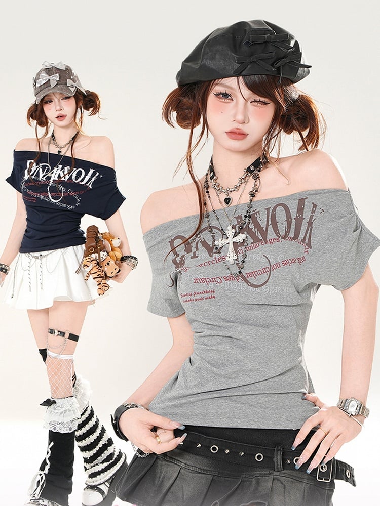 Grau/Marineblaues schulterfreies blaues T-Shirt mit Ausschnitt und Buchstaben-Print