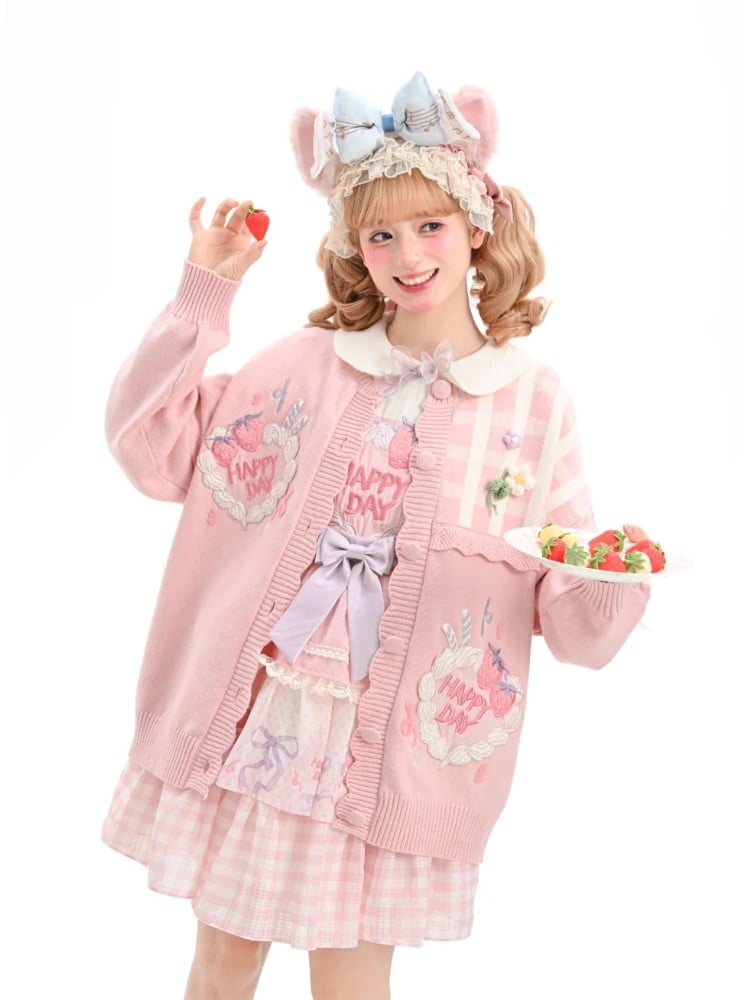 Kragen Rosa Lolita Kleid Rock Erdbeerkuchen Stickerei Sweet Peter Pan Tiered