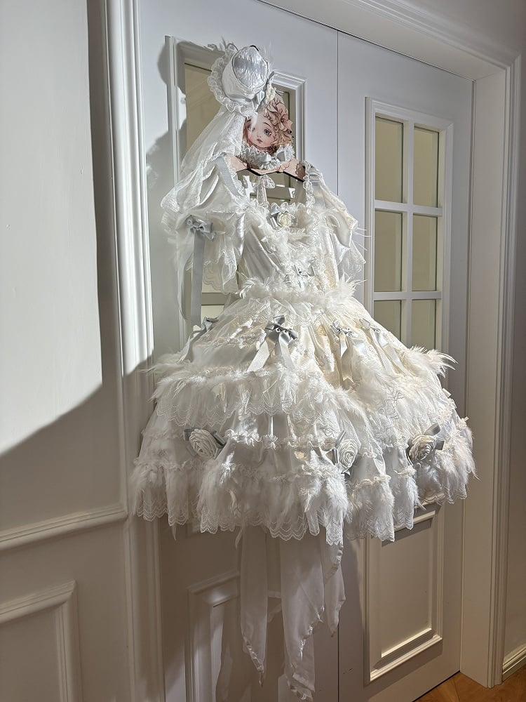 Rose Bow Lolita White Feather-Adorned and with Hime Accents Dress