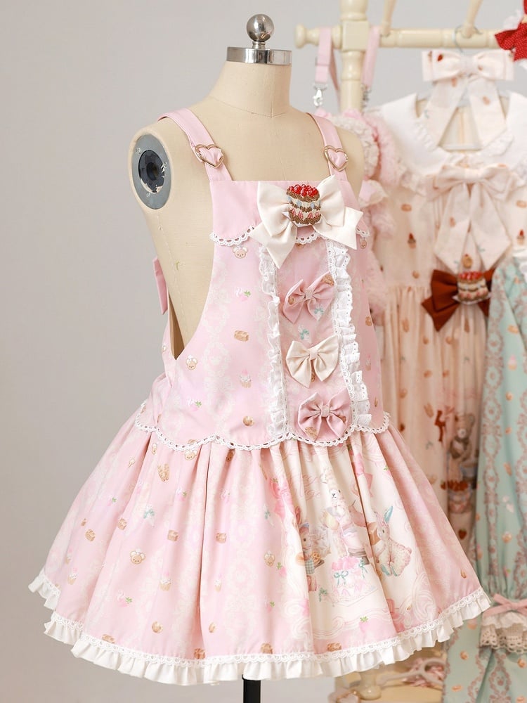 Pink Bear & Strawberry Print Adjustable-Strap Jumper Dress - Honey Village