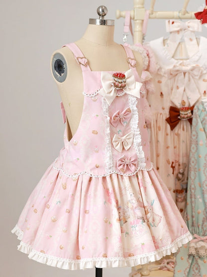 Pink Bear & Strawberry Print Adjustable-Strap Jumper Dress - Honey Village