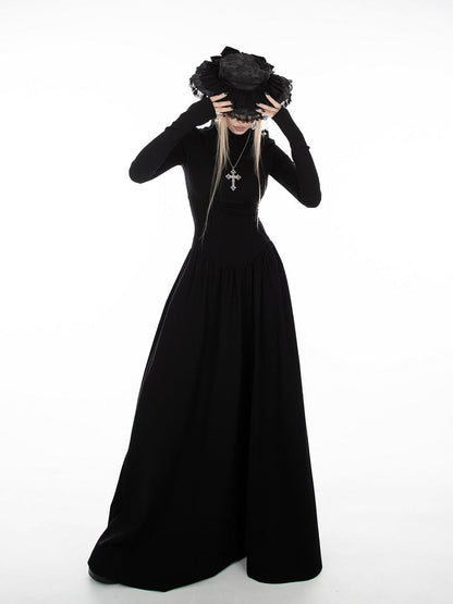 Black A-Line High-Neck Dress with Gothic Thumbhole Cuffs