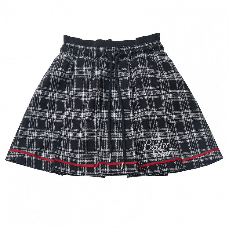 Black and Grey Letters Plaid Pleated Skirt Drawstring Waist