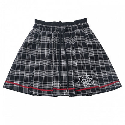 Black and Grey Letters Plaid Pleated Skirt Drawstring Waist
