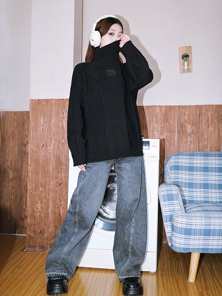 Cheongsam Black Turtleneck Gothic Sweater with Knit Embroidery Bird