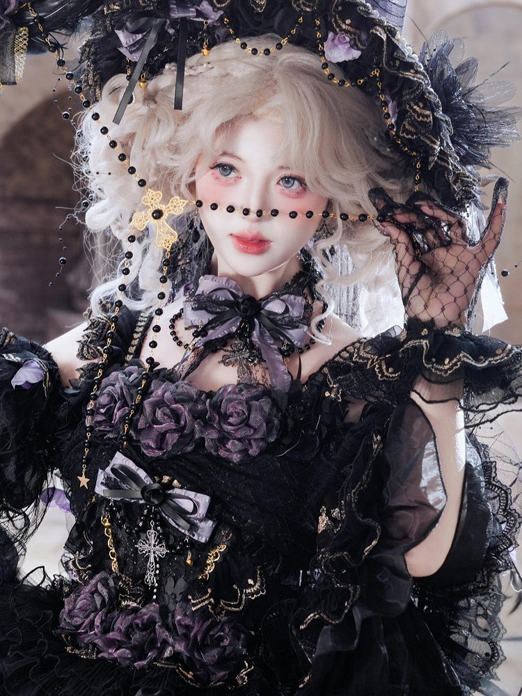 Black & Purple Bowknot Necklace with Bead Chain and Cross Pendant - Cat Fairy Lolita