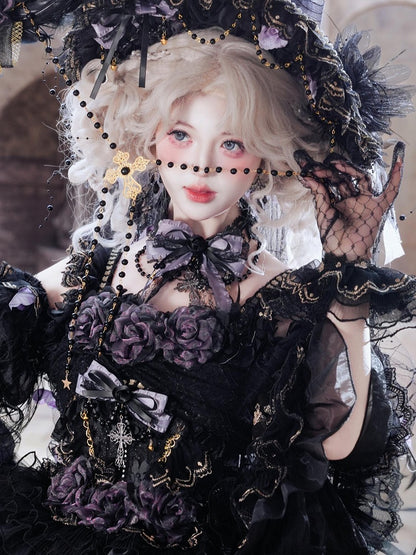 Black & Purple Bowknot Necklace with Bead Chain and Cross Pendant - Cat Fairy Lolita