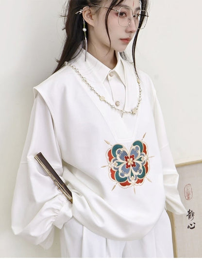 Unisex Floral White Detachable in Chain Tassel Chinese Style Vest V-neck Stitchwork