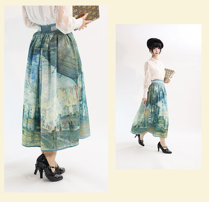 サン・ラザール油絵プリント グリーンウエストスカートバージョン ガレ ロング/ショート ハイ