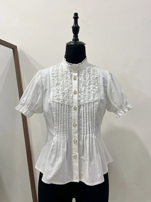 Lolita Ruffle and White Short Sleeves Front with Pleating Blouse