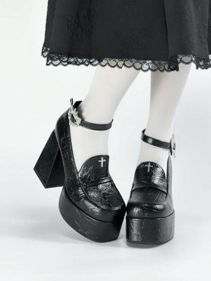 Clips Heel Block Mary Bow Details Decor Janes PU Black Gothic with Heart Cross Detachable High