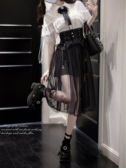 Black Lace-up High Waist Skirt Jirai Kei Style with Mesh Overlay