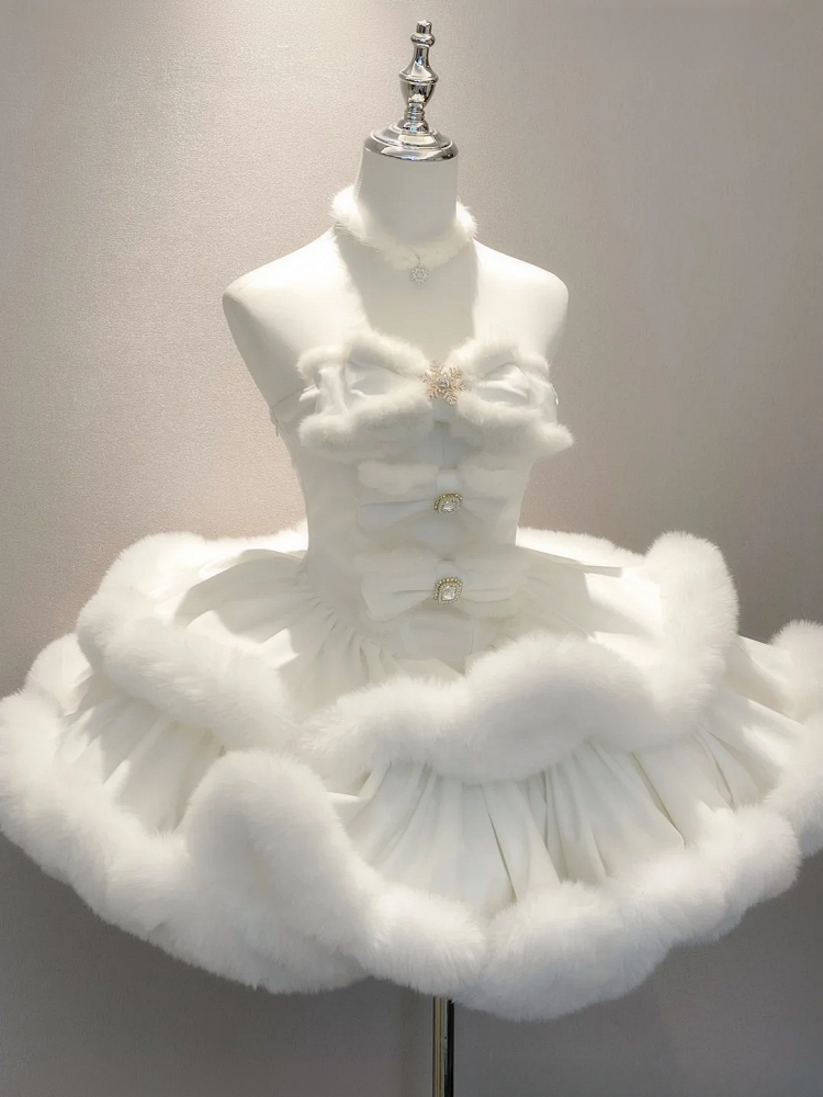 White Snowflake Bow-Adorned Bodice Winter Plush Strapless Dress - Diamond Honey