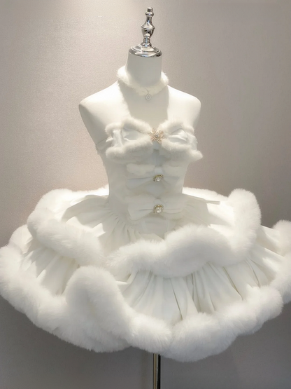 White Snowflake Bow Bodice Strapless Dress with Plush Trim - Diamond Honey