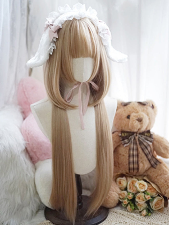 Milchweiß/Karamell/Orange/Pink &amp; Schwarz, hüftlange, glatte Perücke mit vollem Pony