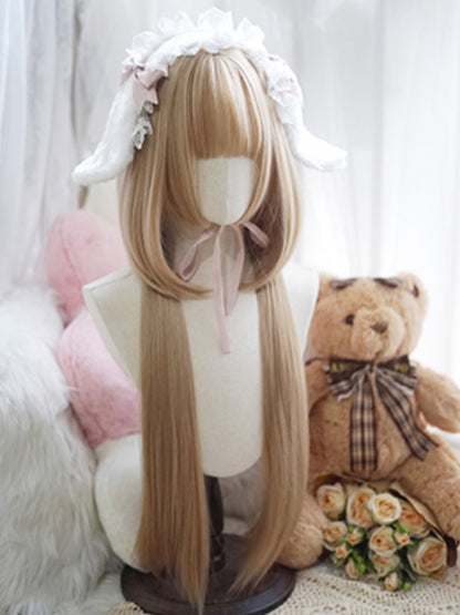 Milchweiß/Karamell/Orange/Pink &amp; Schwarz, hüftlange, glatte Perücke mit vollem Pony