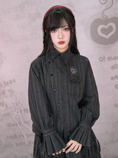 Blouse Stripe Vintage Embroidered Gothic Chinese Gray Placket Diagonal Flare Sleeve