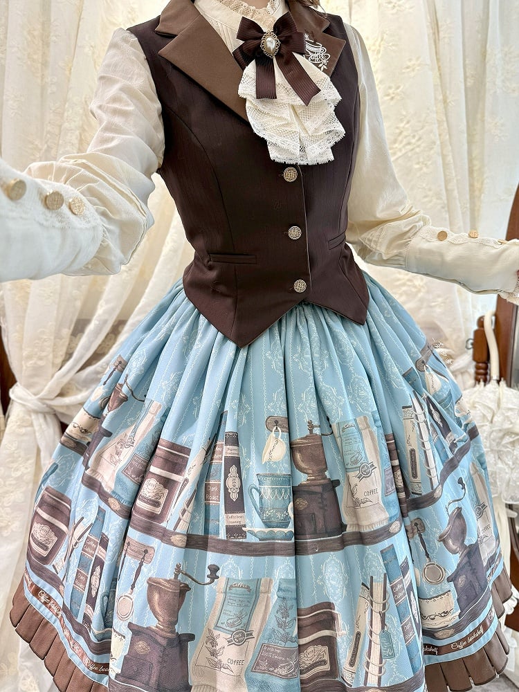 Blue Brown Coffee Cup Bookshelf Print Elegant Skirt Ruffled Hem - Dream Whale