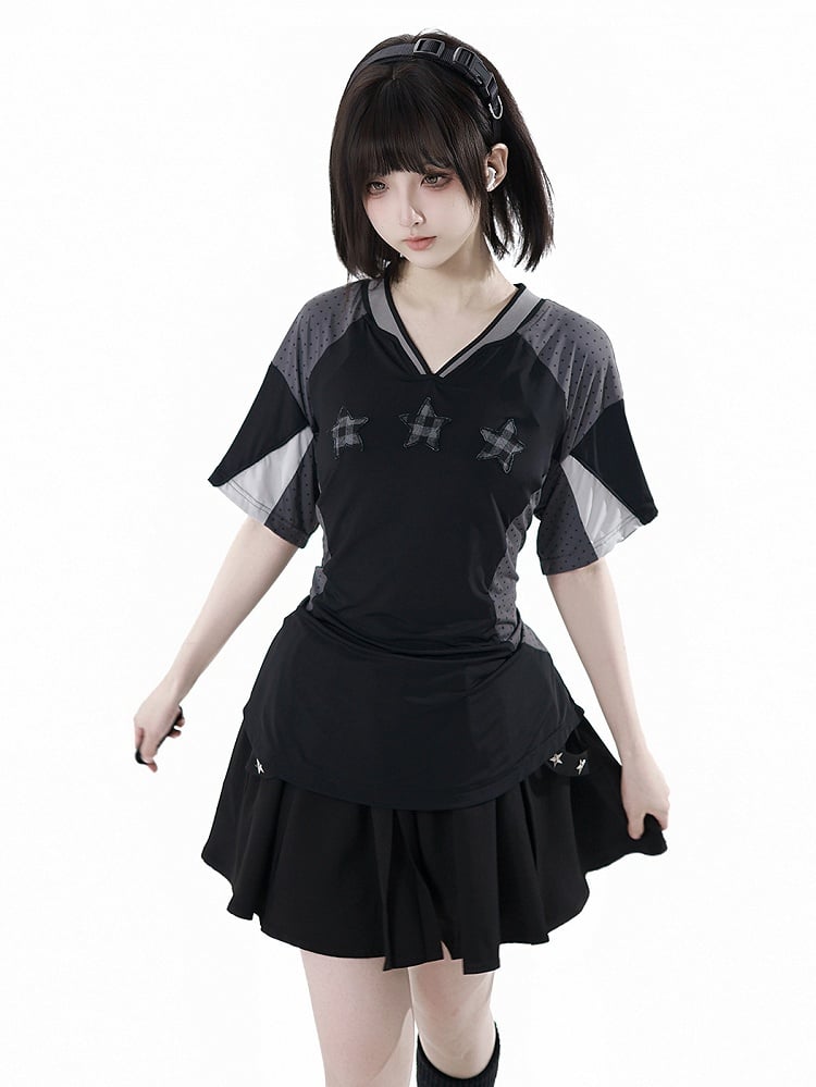 T-Shirt Stern Applikationen V-Ausschnitt Sport Colorblock Design Kariert Schwarz/Grau