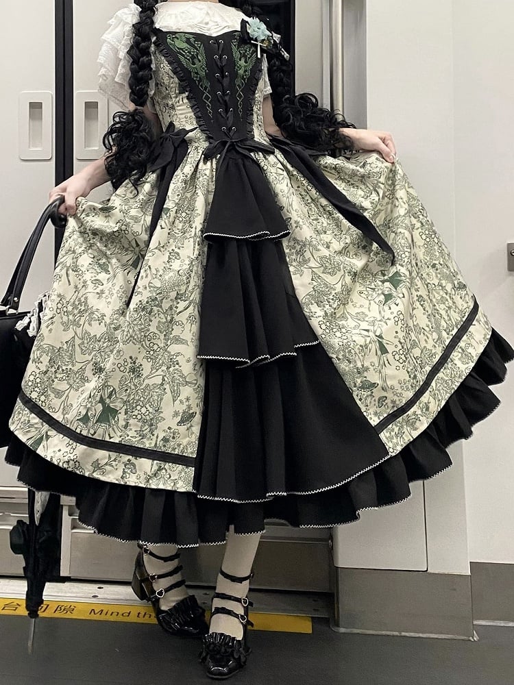 Green Forest Elegant with Print Animals Dress Lolita Bodice and Corset