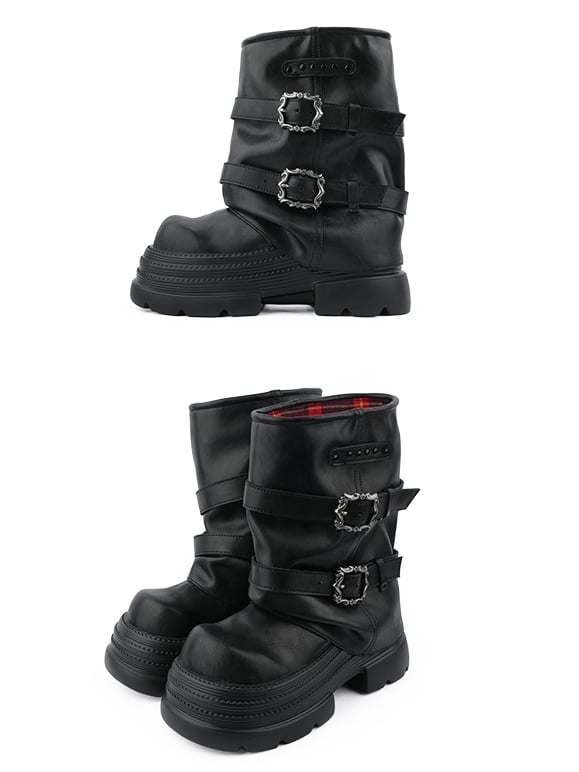 Black and Buckle with Boots Details Punk Studded Platform Stacked Accents