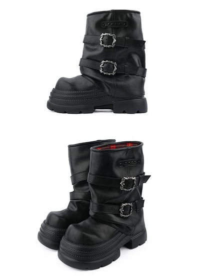 Black and Buckle with Boots Details Punk Studded Platform Stacked Accents