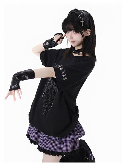 Print T-Shirt Angel Black Round Neck Reflective Cyber