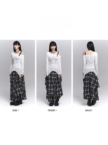 White Gothic Top Graffiti Neck with Asymmetrical Hem