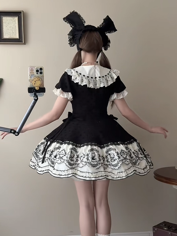Dress Appliques Rabbit Lace-Trimmed Pattern Sweetheart Black Lolita Polka Sweet with Dot