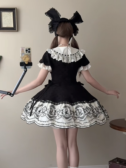 Dress Appliques Rabbit Lace-Trimmed Pattern Sweetheart Black Lolita Polka Sweet with Dot