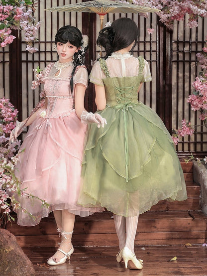 Green Teardrop Cutout Neck Chinoiserie Lolita OP Dress - With PUJI