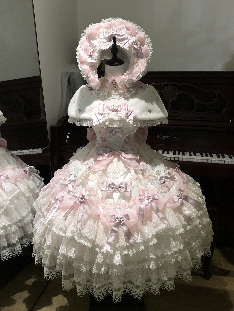 Shimmer Hime Set OP Lolita Decorated Bows Princess Pink Layered Full Dress
