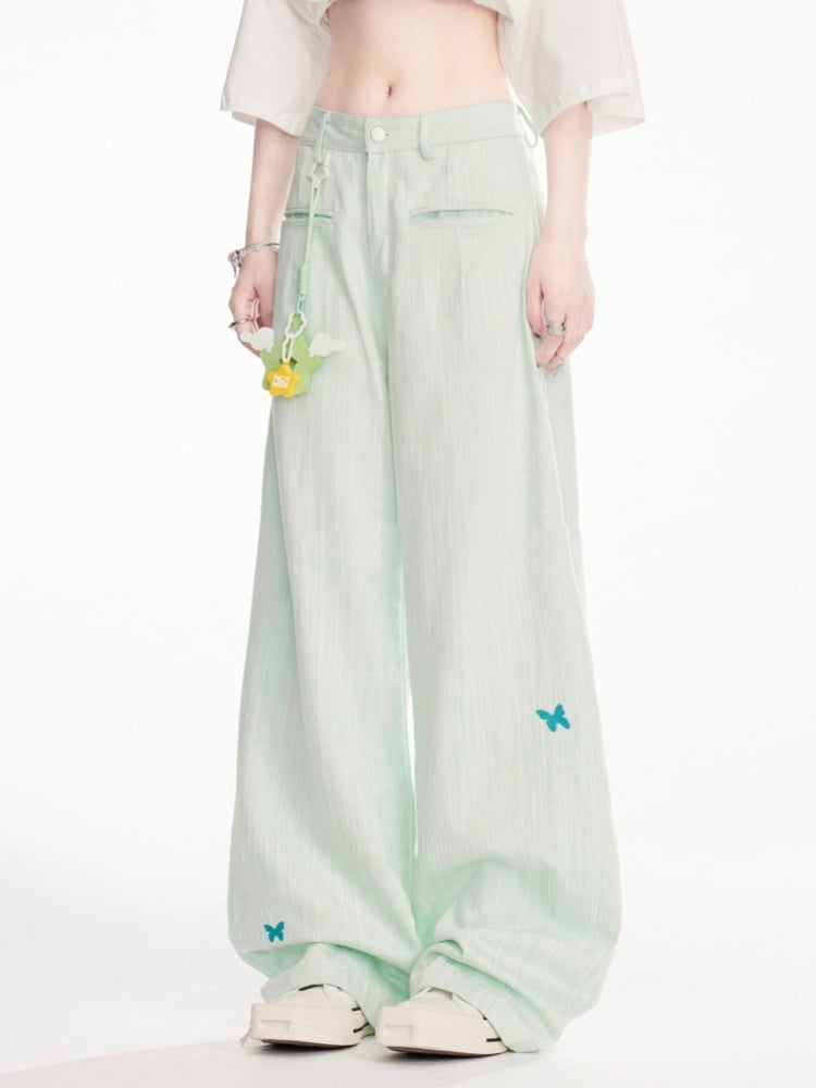 ミントグリーンのローウエスト バタフライ刺繍 ワイドレッグパンツ
