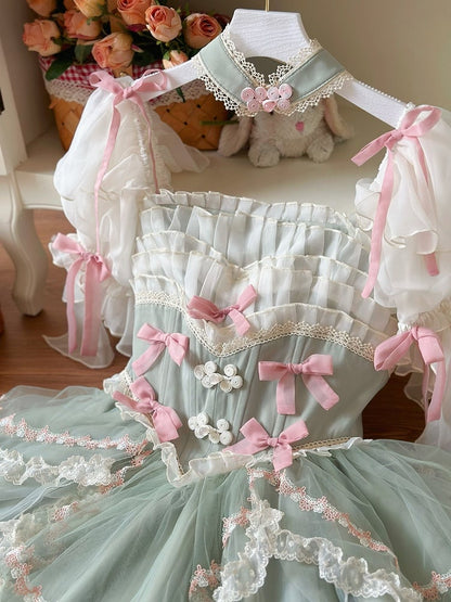 Green Basque Waist Floral Bowknots Hanayome Lolita OP / Full Set