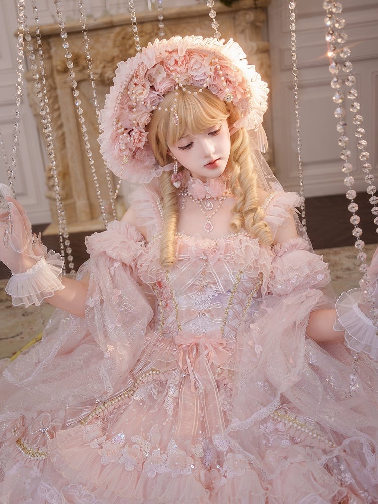 Veil Design Bonnet Sequined Lolita Floral Pink and Hanayome Bead Details with