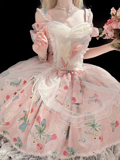Dress with Pink Off-Shoulder Elegant Drawsting Tulip Lolita Print Tulle Overlay