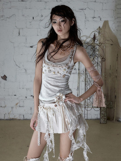 Off-White Fake Three-Piece Knit Cami Top with Shell Buttons - NO ROMANCE