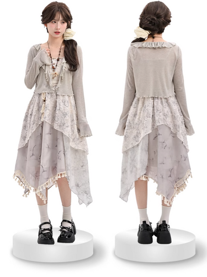 Cardigan mit Rüschenbesatz und offener Knopfleiste in Grau