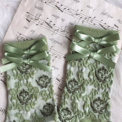 Calf Socks Green Lolita Floral Pattern