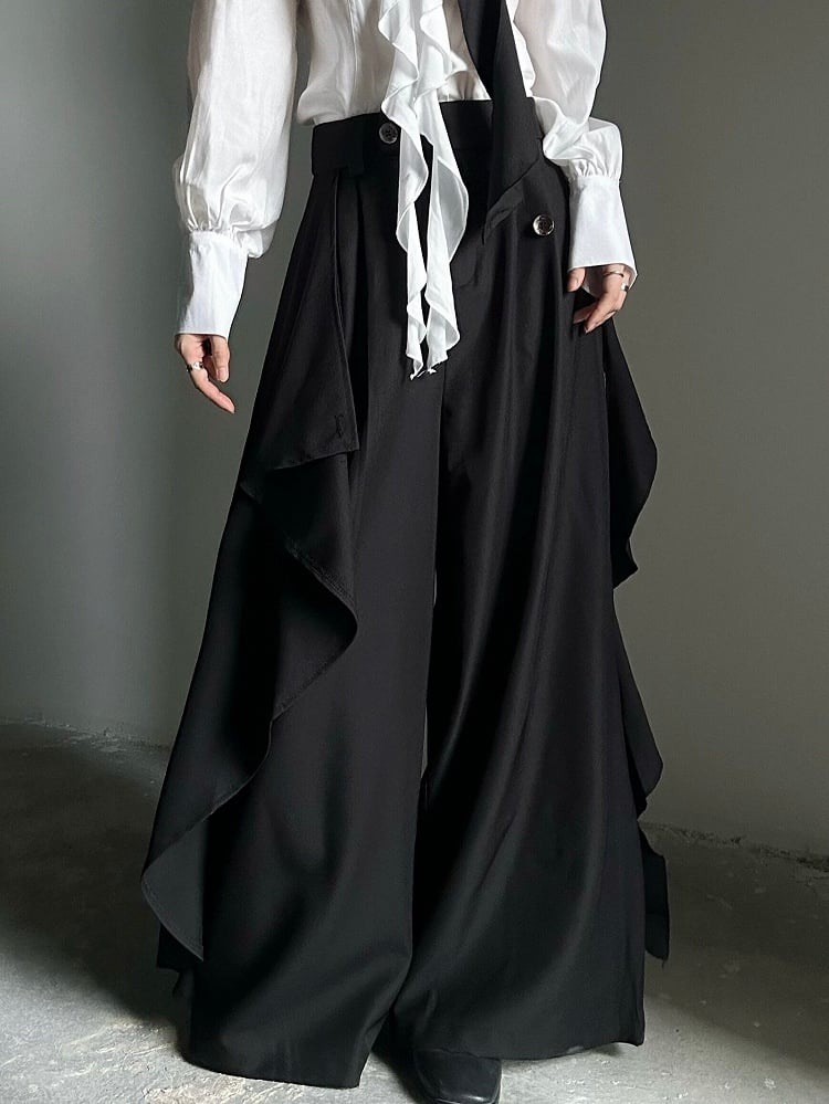Accents with Zip Black Pants Ruffle Wide-leg Closure Ouji and - Cascading Button