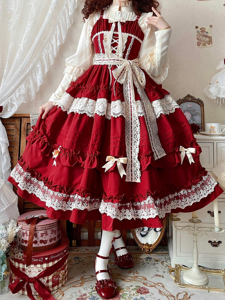 Rot Rosa Kleid Verstellbar Haus Stil Rüschen Rock Jumper Straps Lolita