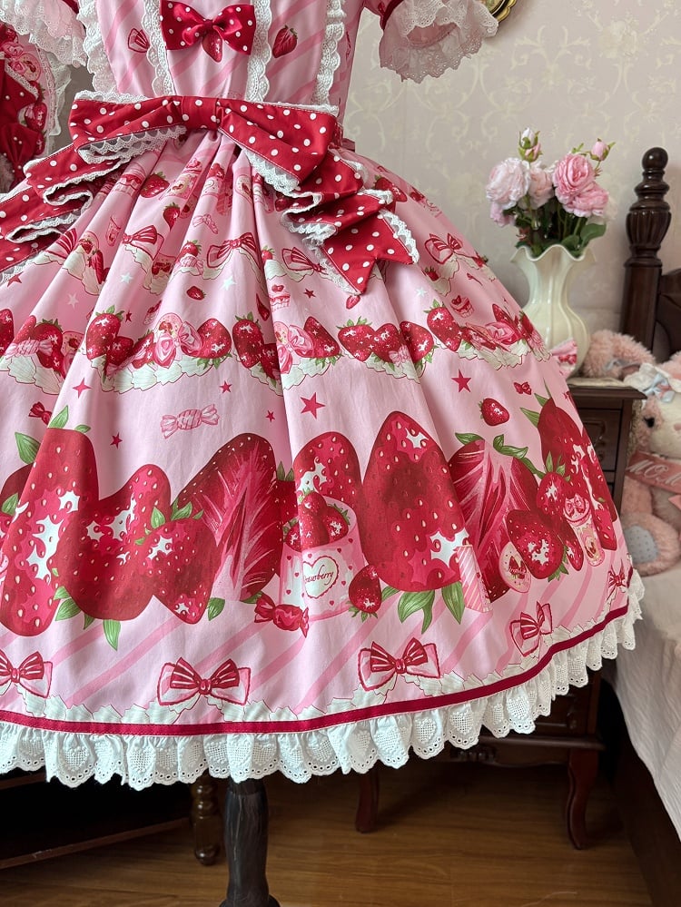 Set Erdbeerkleid Sweet Lolita Kurze Ärmel Volldruck Rosa