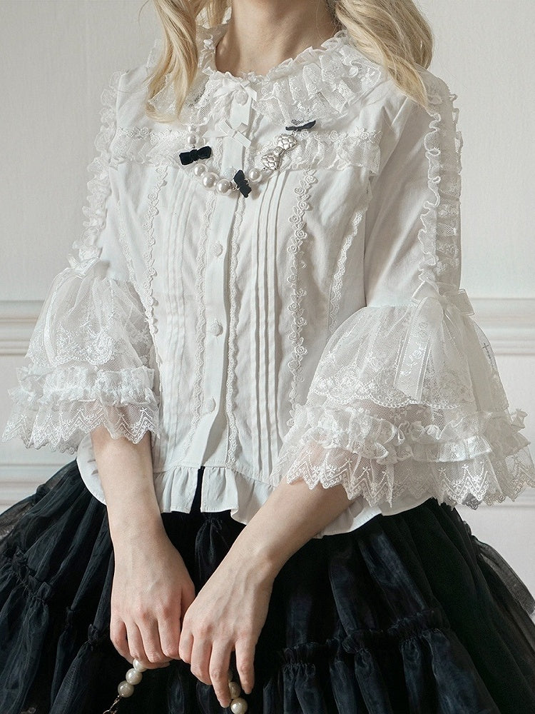 ブラウス ホワイトネックライン 3/4フリルロリータスリーブ