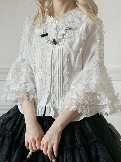 ブラウス ホワイトネックライン 3/4フリルロリータスリーブ