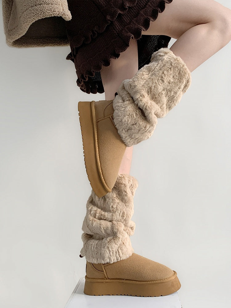 Khaki Faux Warmers Slouchy Fluffy Fur Leg