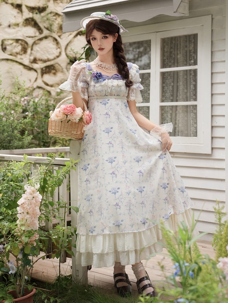 Iriskleid mit One-Waist-Print, Lolita-Stück, quadratisch, eleganter Empire-Ausschnitt mit Blumenmuster