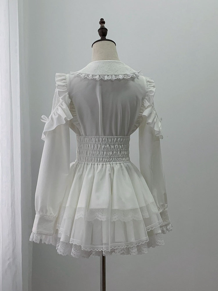 Crisp White Ryousangata Elevated Waist Skirt Adorned with Crystal Bow & Lace Edging - Ekomi