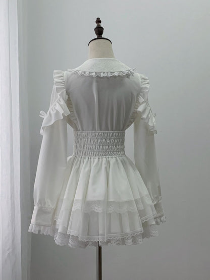 Crisp White Ryousangata Blouse with Lace Cutout Shoulders & Long Sleeves - Ekomi
