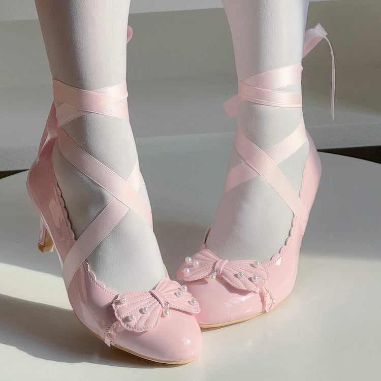 with Mid-heel Beadwork Scalloped in Bow Hem Elegant Details Pink Shoes Shell Lolita