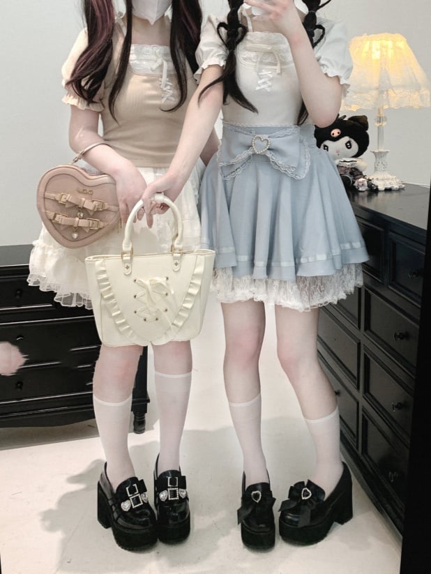Back Jirai Kei Lace Trim Beaded Heart Decorated Big Bow Lace-up